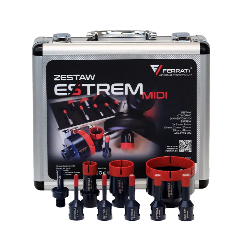 [F40195] Set ESTREM MIDI Bohrkronen 6,6,8,10,12,20,35,68mm + Adapter M14 im Koffer FERRATi