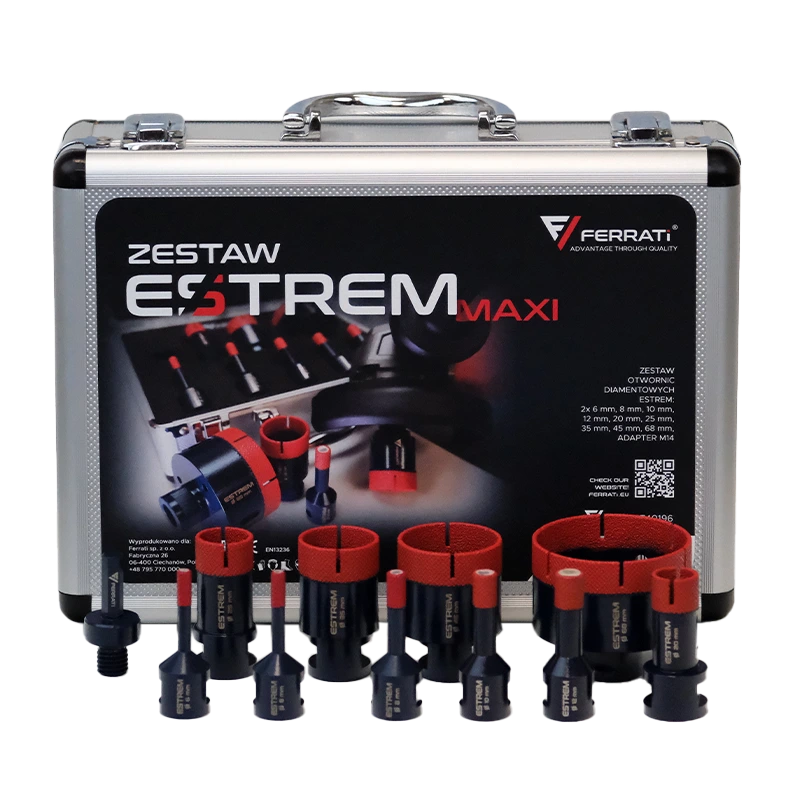 [F40196] Set ESTREM MAXI Bohrkronen 6,6,8,10,12,20,25,35,45,68mm + Adapter M14 im Koffer FERRATi
