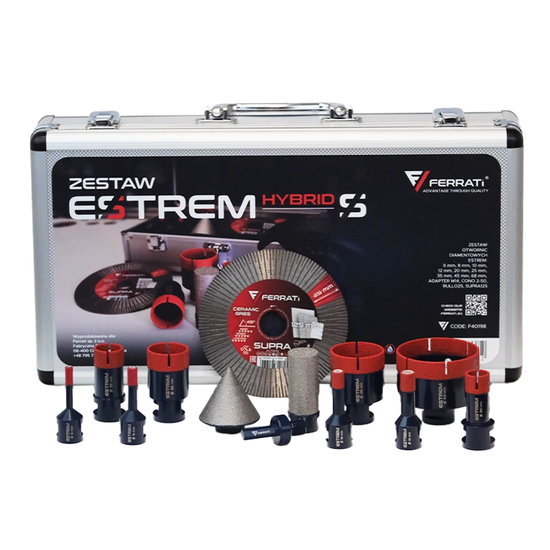 [F40198] Set ESTREM S-HYBRID Bohrkronen 6,8,10,12,20,25,35,45,68mm+adapter M14, CONO 2-50, RULLO25, SUPRA125 im Koffer FERRATi